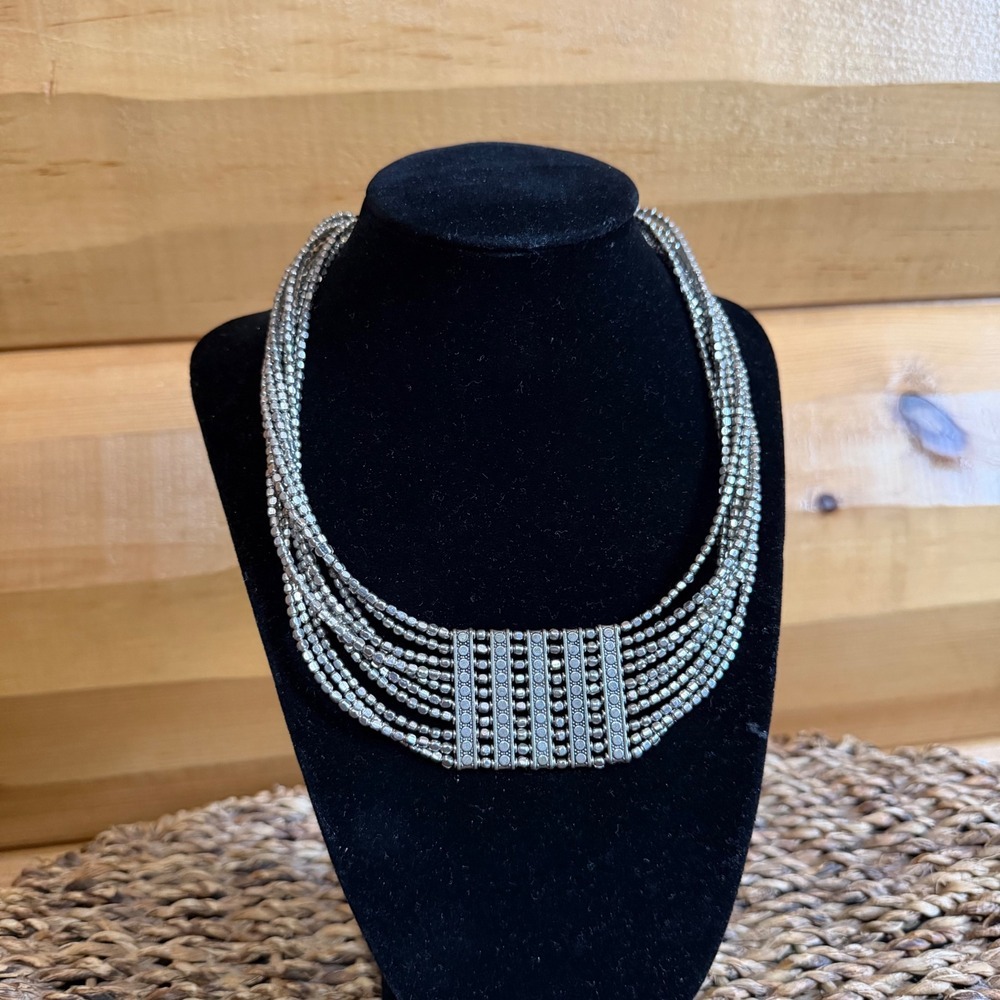 NWT Chico's Jenson‎ Bib Statement Necklace Silver Tone Multi-Strand Beaded